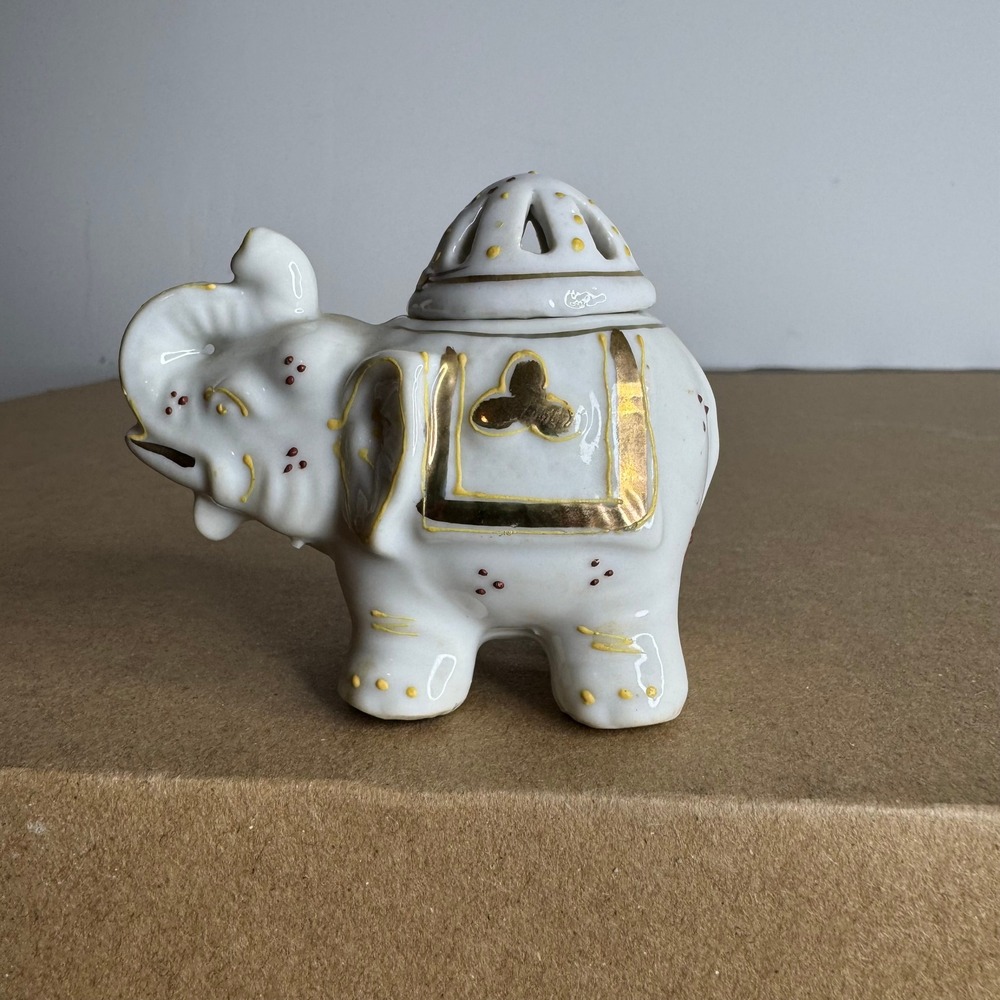 Vintage Ceramic Elephant‎ Incense Holder Burner GoldAccents With Lid